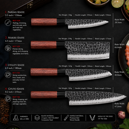 Hand-Forged Japanese Style Kitchen Knife Set, 4 Pieces with Leather Sheath