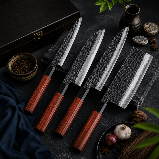 Hand-Forged Japanese Style Kitchen Knife Set, 4 Pieces with Leather Sheath