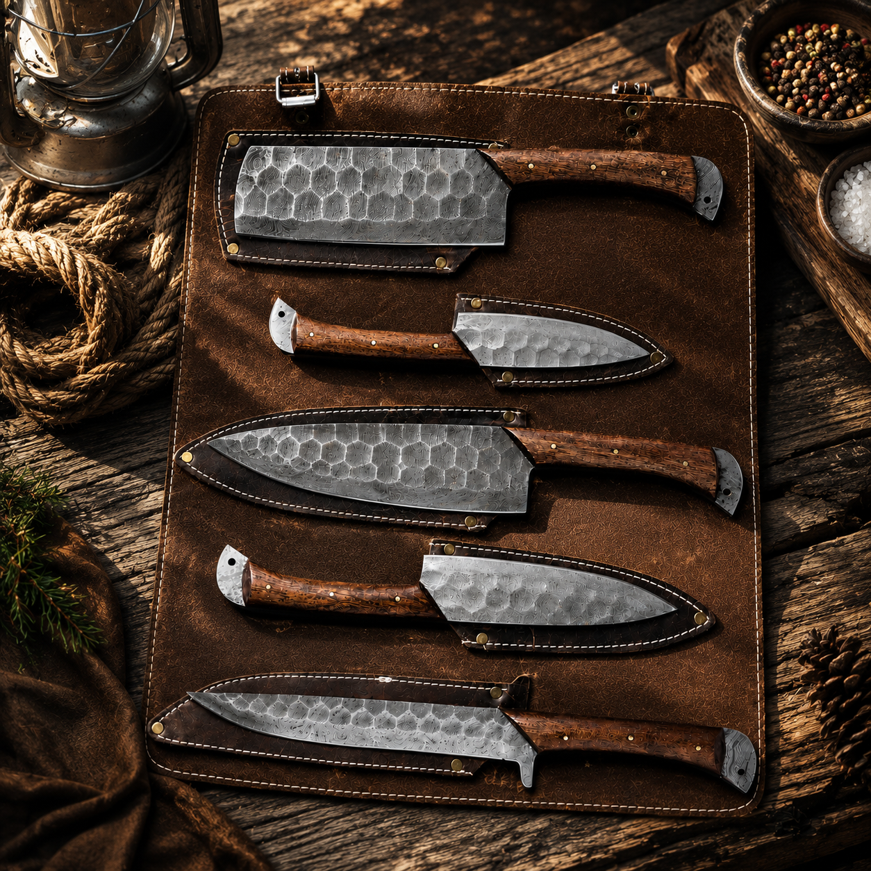 5 Piece Handmade Damascus Steel Kitchen Knife Set with Leather Roll