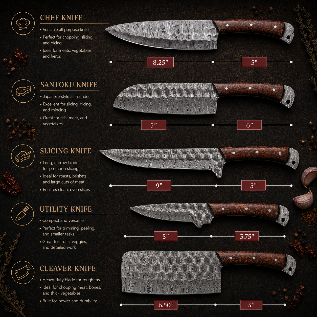5 Piece Handmade Damascus Steel Kitchen Knife Set with Leather Roll