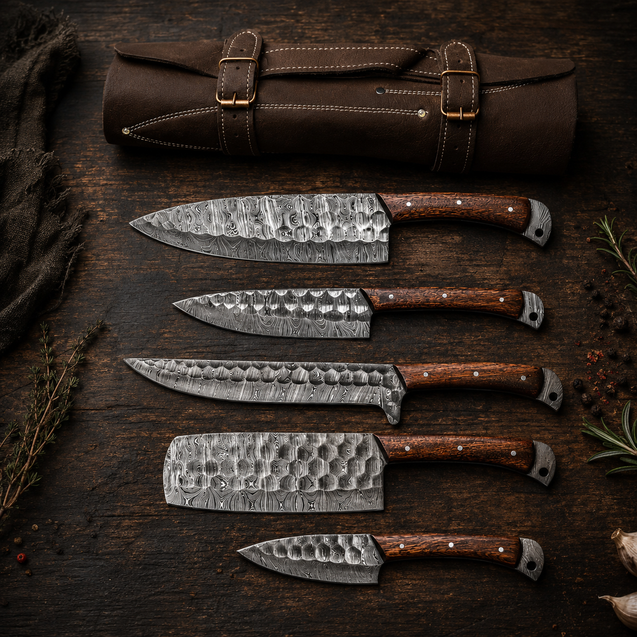 5 Piece Handmade Damascus Steel Kitchen Knife Set with Leather Roll