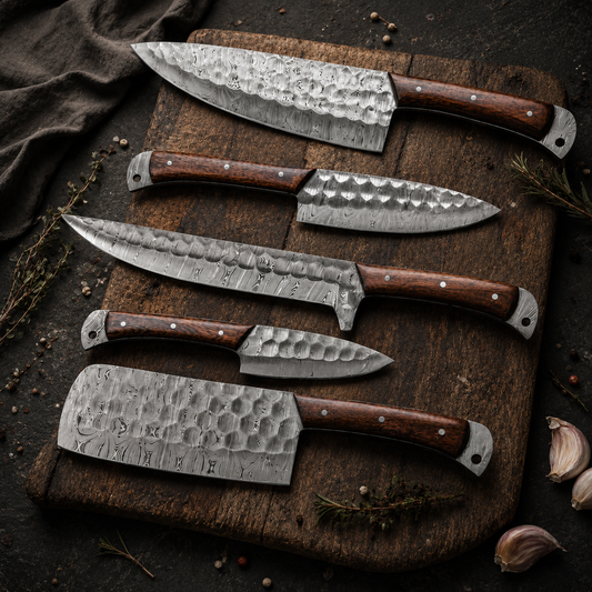 5 Piece Handmade Damascus Steel Kitchen Knife Set with Leather Roll