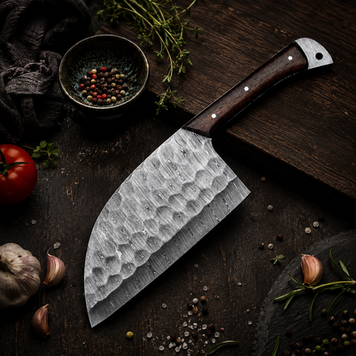 Handmade Damascus Steel Serbian Chef Knife with Leather Sheath