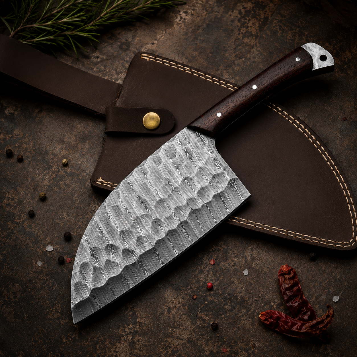 Handmade Damascus Steel Serbian Chef Knife with Leather Sheath