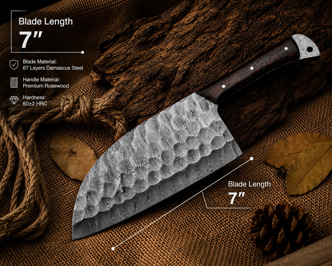 Handmade Damascus Steel Serbian Chef Knife with Leather Sheath
