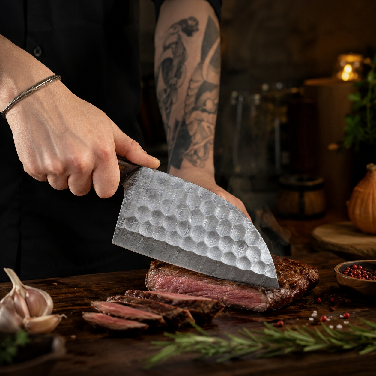 Handmade Damascus Steel Serbian Chef Knife with Leather Sheath