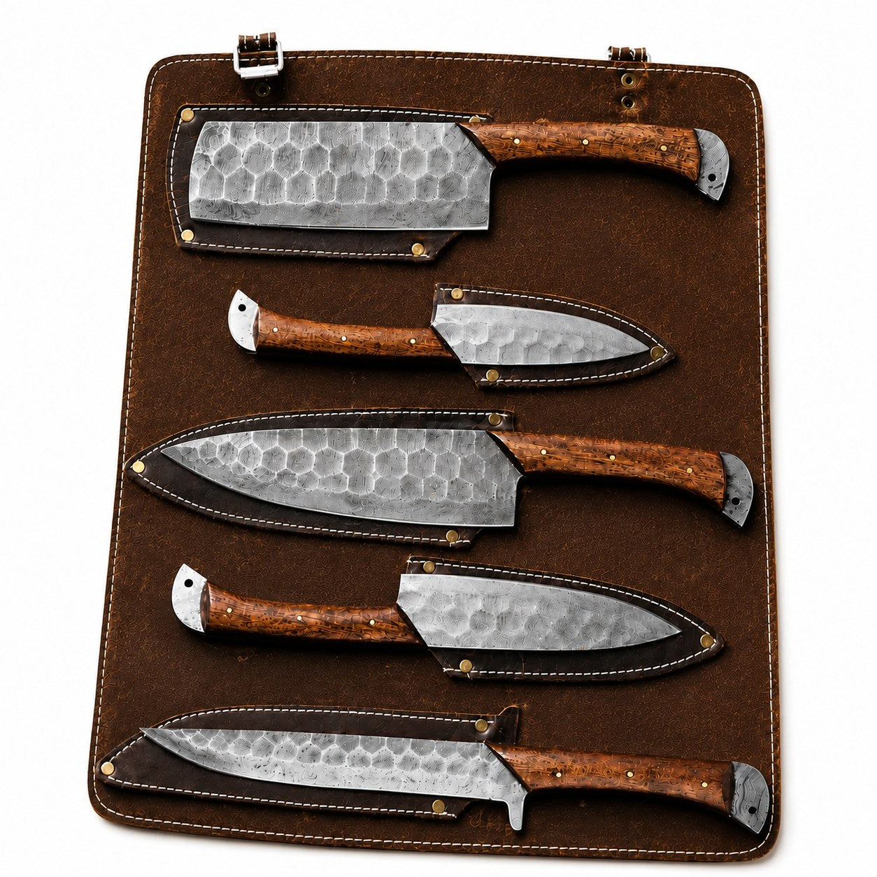 5 Piece Handmade Damascus Steel Kitchen Knife Set with Leather Roll