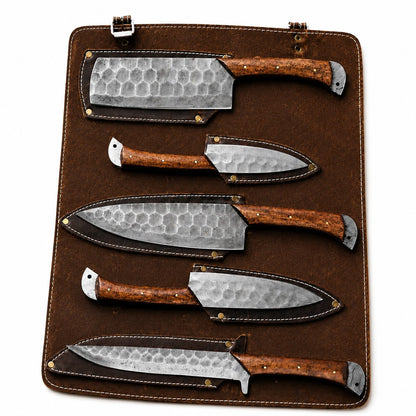 5 Piece Handmade Damascus Steel Kitchen Knife Set with Leather Roll