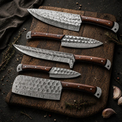 5 Piece Handmade Damascus Steel Kitchen Knife Set with Leather Roll
