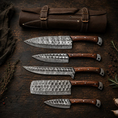 5 Piece Handmade Damascus Steel Kitchen Knife Set with Leather Roll