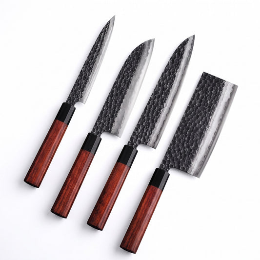 Hand-Forged Japanese Style Kitchen Knife Set, 4 Pieces with Leather Sheath