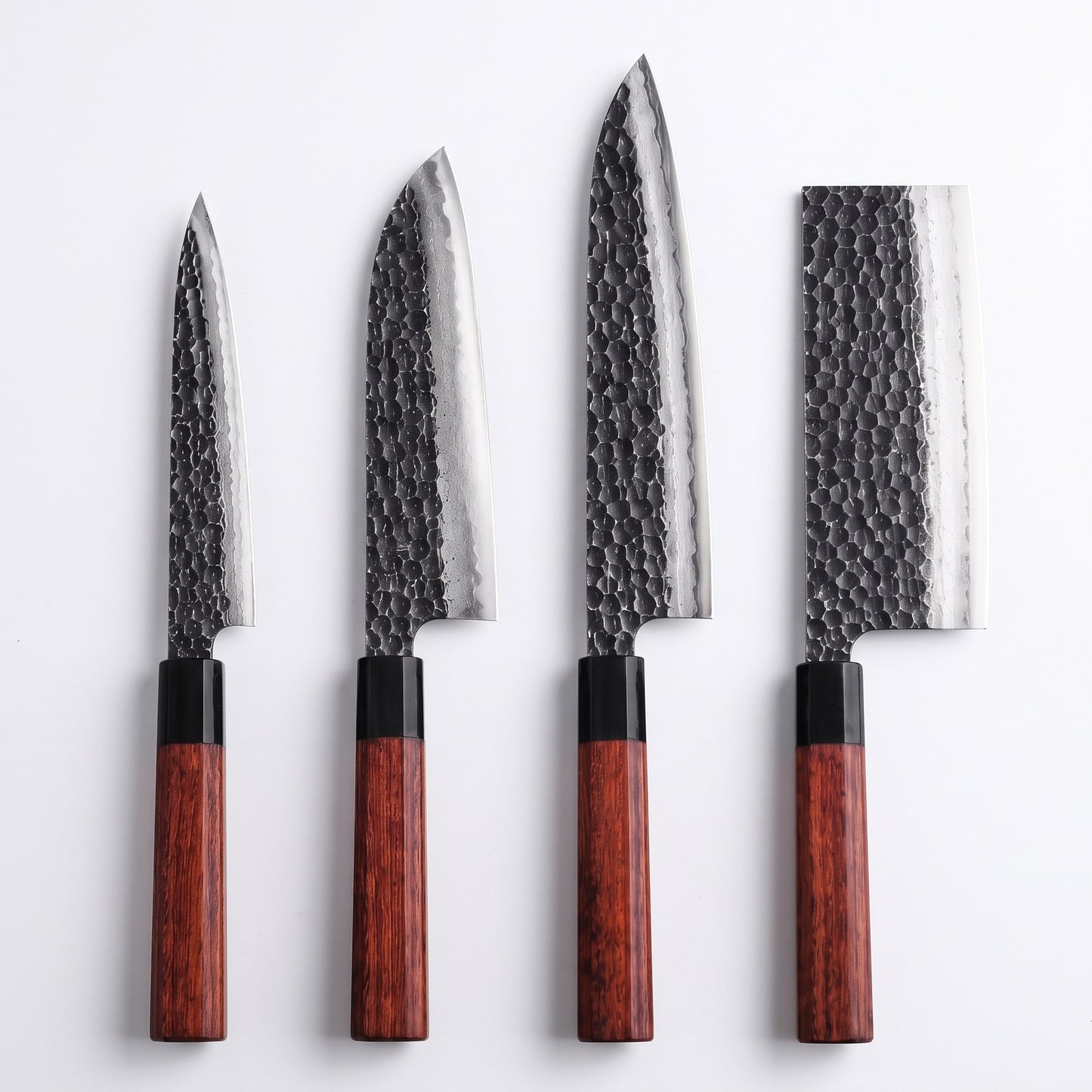 Hand-Forged Japanese Style Kitchen Knife Set, 4 Pieces with Leather Sheath