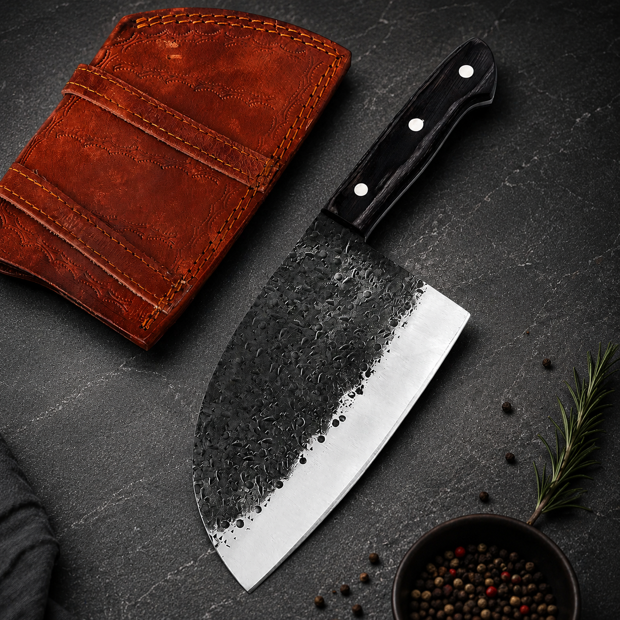 Hand-Forged Serbian Chef Knife with Leather Sheath